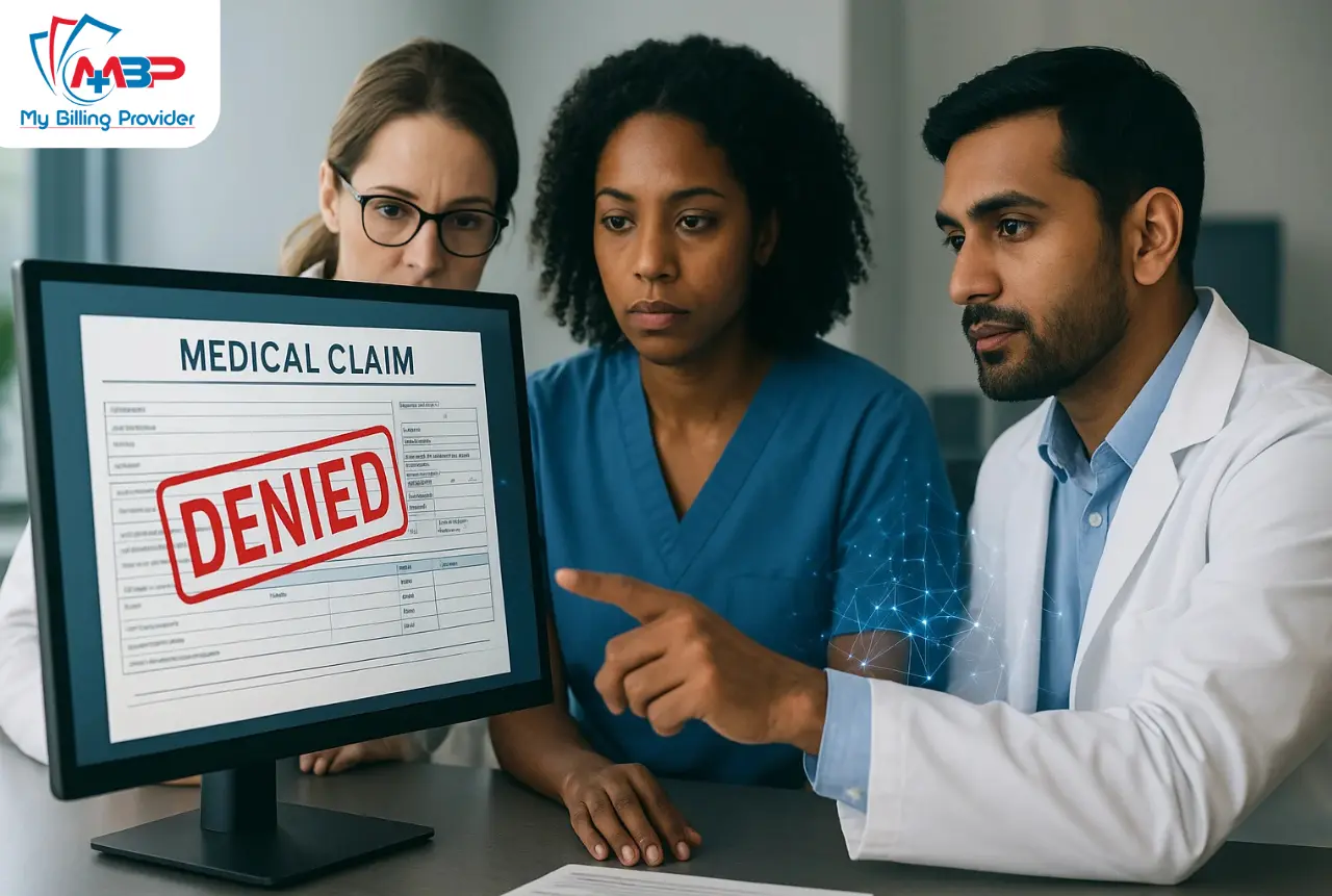 Denied medical claim form highlighting billing errors