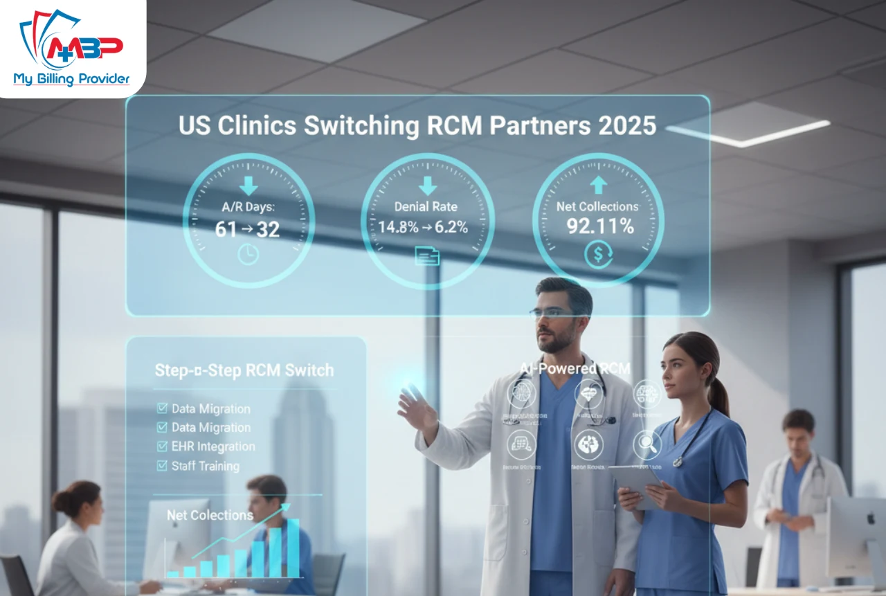 US Clinics Switching RCM Partners 2025 — dashboard and clinic scene